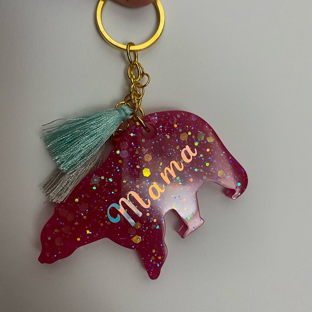 Mama Bear Resin Art KeyChain with tassels in gold